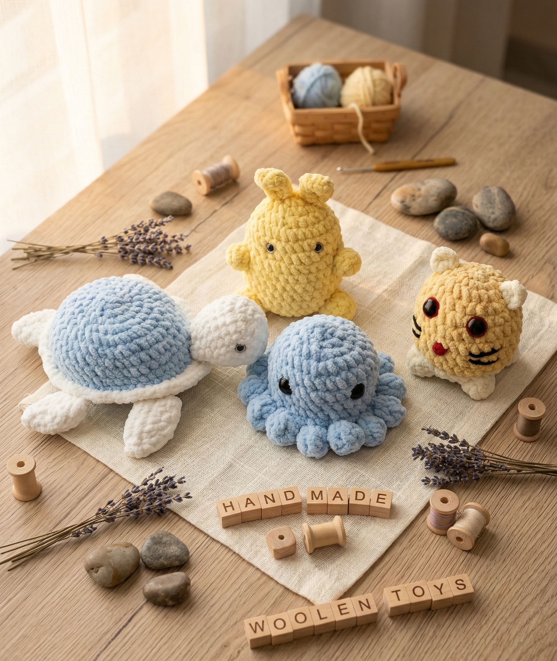 Bunaai handcrafted crochet toys - turtle, octopus, rabbit and tiger
